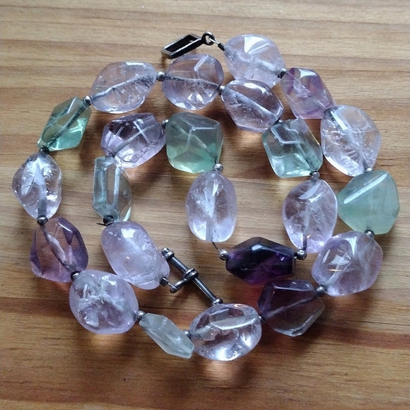 Sterling Silver Multi Chunky Faceted Gemstone Fluorite Amethyst Quartz Choker - Picture 3 of 5